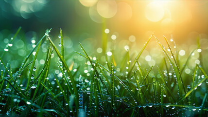 Morning green meadow with fresh grass  with water drops. Close up grass field with sunny bokeh background. Summer nature concept. Springtime banner with copy space.