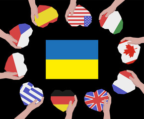 A large number of hands with different flags. Help Ukraine against the war. Symbol of aid by countries.