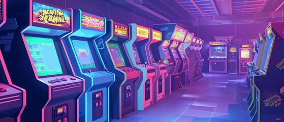 An 80s retro arcade with neon lights and vintage arcade cabinets.