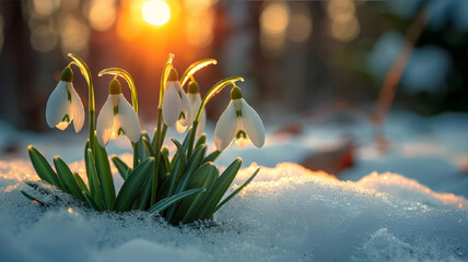 Spring snowdrops in the snow on a garden background. Greeting card snowdrops with sunny bokeh background. Snowdrop day.  Springtime banner with copy space.