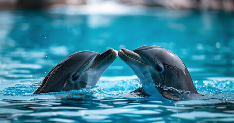 Dolphins in the water, dolphins performing acrobatic hand gestures to show love and affection, blue background,