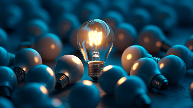 A illuminated light bulb Amidst unlit light bulbs. For concept of innovation, creativity and standing out in the crowd.