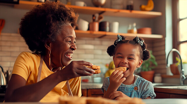 Happy grandmother and granddaughter eating cookies in the kitchen.