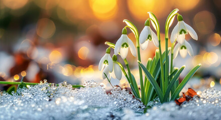Spring snowdrops in the snow on a garden background. Greeting card snowdrops with sunny bokeh background. Snowdrop day.  Springtime banner with copy space.