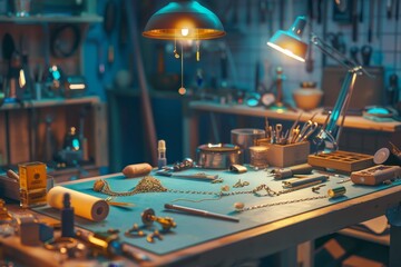 A table with many pieces of jewelry and tools on it - obrazy, fototapety, plakaty