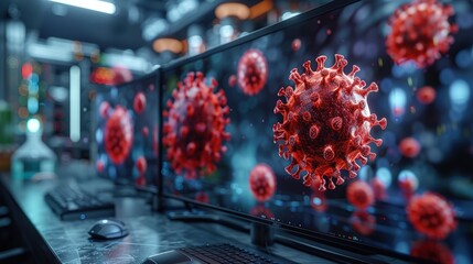 3D simulation of a virus undergoing mutation, displayed on a high-resolution monitor in a lab. Photorealistic. HD.