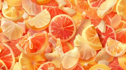 Cut tropical fruit and orange peel textures. Modern bright backgrounds with seamless patterns of citrus fruit slices and peels.