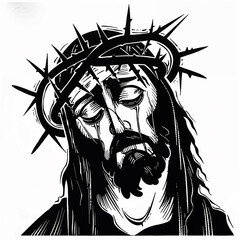 Abstract black and white artistic portrait of Jesus with thorn crown print style folk art. Generative AI art.	