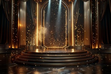 An opulent stage with a golden archway and sparkling lights. The stage is empty, awaiting its performers.