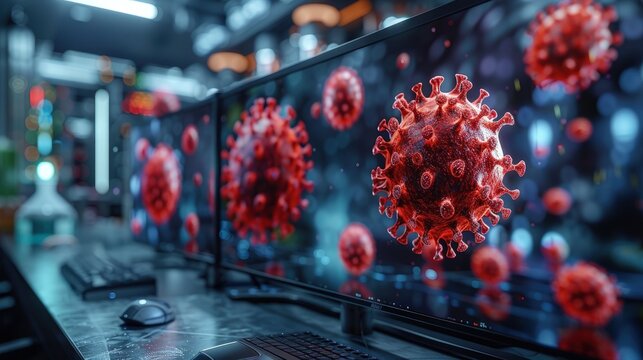 3D simulation of a virus undergoing mutation, displayed on a high-resolution monitor in a lab. Photorealistic. HD.