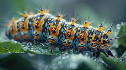 Naklejka premium A caterpillar munching on leaves, a tiny but voracious eater. Photorealistic. HD.