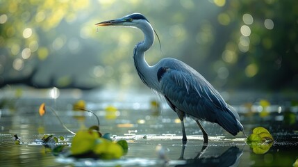 Naklejka premium A heron fishing patiently, a master of stillness and sudden movement. Photorealistic. HD.