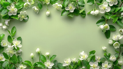 Fototapeta premium Frame white spring flowers on light green background. Greeting card for woman or mothers day, Easter, wedding, Birthday. Botanical illustration template with space for text, close up.