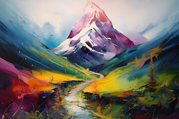 hopeful mountain peak alongside pathway, abstract landscape art, painting background, wallpaper, generative ai