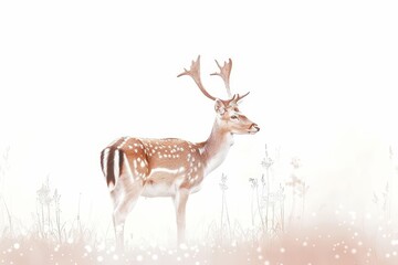A beautiful watercolor painting of a deer standing in a field of flowers. The deer is facing to the right of the viewer. The background is a soft, light pink color.