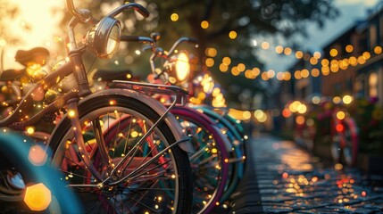 Enchanting Cinematic Lighting: A Stunning Display of Decorated Bicycles Lined Up for a Nighttime Event