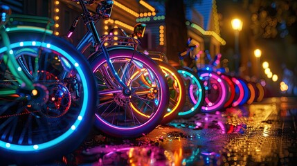 Twilight Glow: A Stunning Display of Cinematic Lighting on a Row of Decorated Bicycles