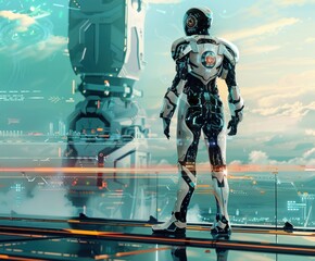 Robot Standing in Front of Futuristic City