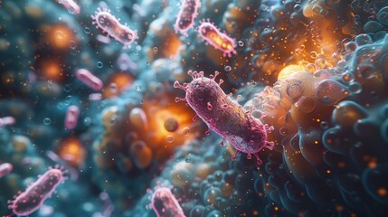 Animation of antibiotic molecules interacting with bacteria to disrupt their cell walls. Photorealistic. HD.