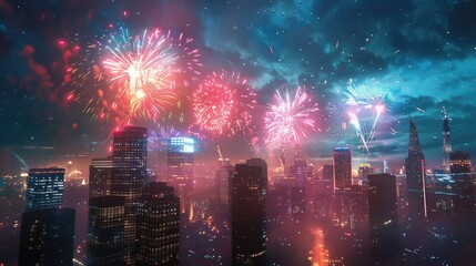 Midnight Magic: A Cinematic Display of Bursting Fireworks in the Night Sky