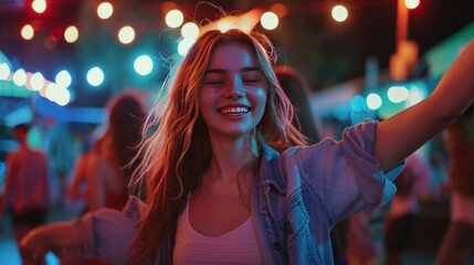 Portrait of a beautiful young blonde woman dancing at a party, smiling and enjoying the music, with colorful blurred lights in the background - obrazy, fototapety, plakaty