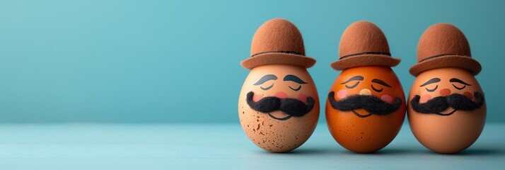 A trio of charming Easter eggs adorned with mustaches and hats set against a blue background, showcasing a concept of ample space for Easter celebration banner creation, presenting a whimsical cartoon