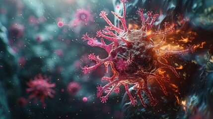 Animation of a single virus particle infecting a cell, detailed visual under a digital microscope. Photorealistic. HD.