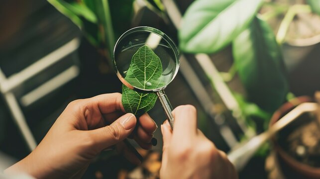 Research on pest resistance, close up, scientist inspecting leaf under magnifying glass, pest analysis 