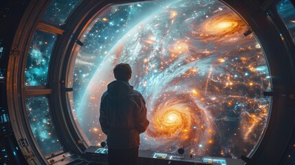 Astrophysicist examining the spectrum of a distant galaxy in a dark observatory. Photorealistic. HD.