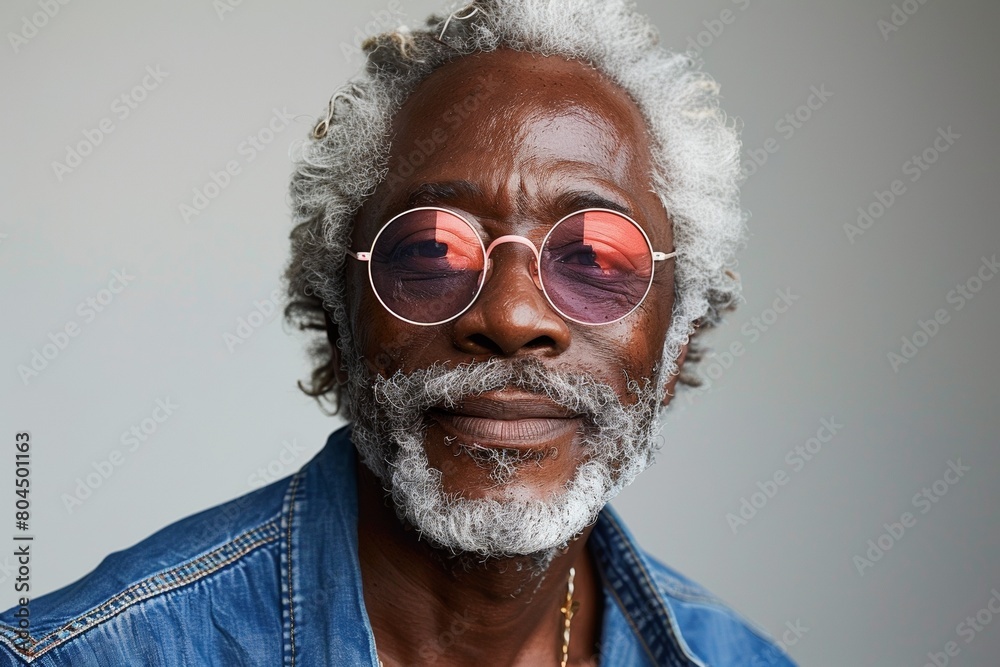 Sticker A trendy and friendly senior black man wears stylish reflective eyewear, exuding confidence.