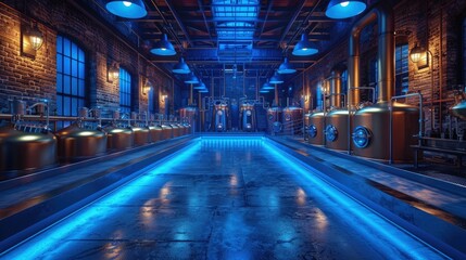 Blue lights enhancing the mood in a brewery. Photorealistic. HD.