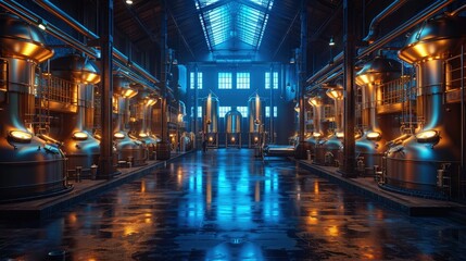 Fototapeta premium Blue lights enhancing the mood in a brewery. Photorealistic. HD.