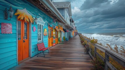 Boardwalk shops with rolling shutter murals, ocean-themed &acirc;&euro;&ldquo; Tidal art. Photorealistic. HD.