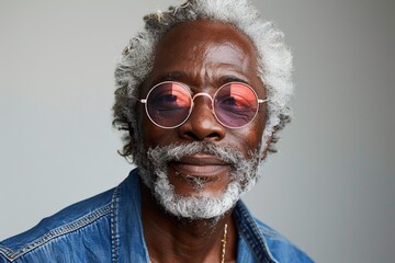 A trendy and friendly senior black man wears stylish reflective eyewear, exuding confidence.