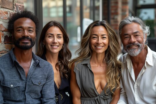 A diverse and smiling family group gathers for a lovely portrait in the city yard.