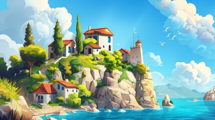 Love couple on nature vacation background with building on cliff near sea coast. A romantic view for a summer date. Simple yet amazing drawing scene design for a summer holiday in Italy.