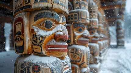 Obraz premium Carved totem poles in an Arctic village, cultural heritage standing against harsh elements. Photorealistic. HD.