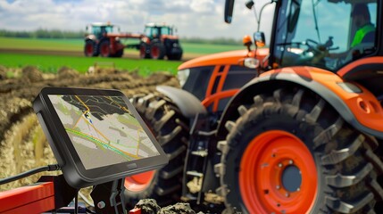 Modern tractor with GPS technology, close up, farmer setting coordinates, precision farming