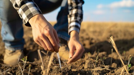 Agribusiness consultant testing soil fertility, close up, hands with testing tools, soil health management 