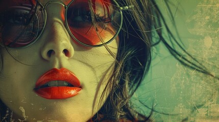 grunge fashion poster, creative modern grunge retro poster featuring a close-up portrait of a young woman wearing sunglasses