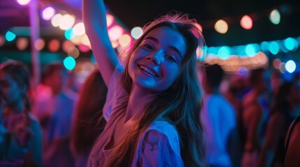 A young woman is dancing at a party. She is smiling and has her arms in the air. She is wearing a white shirt and has long blond hair. The background is blurry and there are many people dancing. - Powered by Adobe