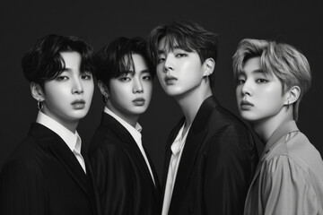 Black-and-white portrait of a stylish and modern k-pop group, showcasing the members' fashionable outfits and confident expressions, epitomizing contemporary korean music culture
