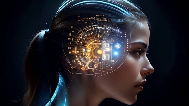 Profile of a woman with a digital brain interface changing to a woman with futuristic blue light technology swirling around her head on a dark background

