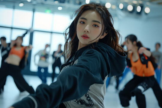 Young female k-pop artist confidently rehearses dance moves in a studio with a group of dancers in the background, showcasing the energy and passion of korean pop music culture