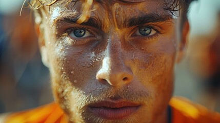 Close-up of marathon runner's emotional tearful finish, personal achievement, crowd background . Photorealistic. HD.