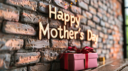 Happy Mother's Day on a rustic brick wall background with a burgundy gift box. Shiny text word colors.