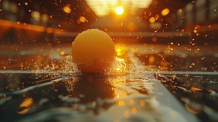 Close-up of ping pong ball and paddle, intense match moment, blurred motion . Photorealistic. HD.