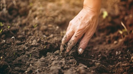Farmer's hand examining soil texture, close up, detailed focus on earth and organic matter