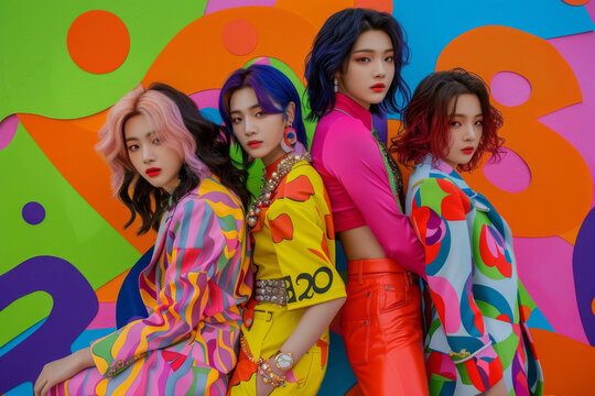 Vibrant and stylish k-pop girl group posing with confidence against a bright graffiti background, showcasing trendy and colorful outfits that reflect the dynamic energy of korean pop music culture