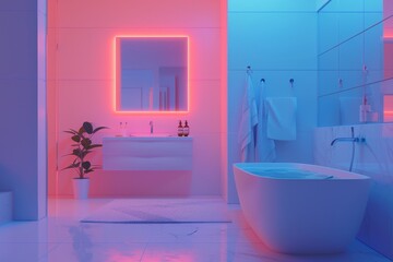 A bathroom with a pink and colorful color scheme